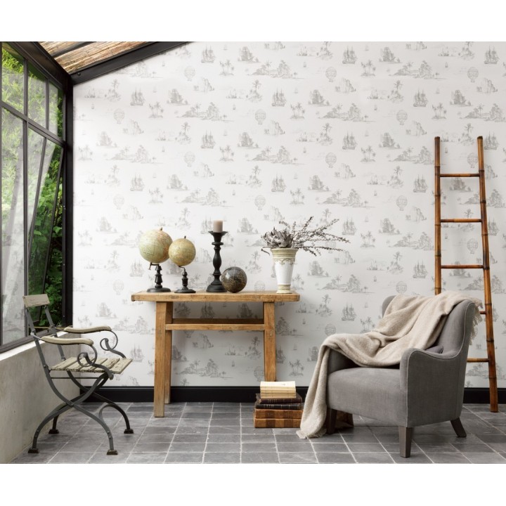 Papel pintado toile de jouy globos y barcos a carboncillo - Denubois 229122