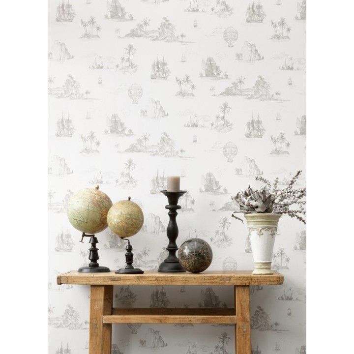 Papel pintado toile de jouy globos y barcos a carboncillo - Denubois 229122