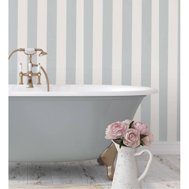 Papel pintado de rayas textura lienzo color celeste grisáceo y blanco - Raya Orellana 231919