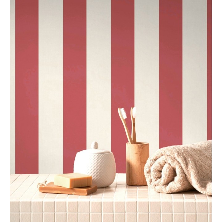 Papel pintado de rayas textura lienzo color rojo y beige - Raya Orellana 231921