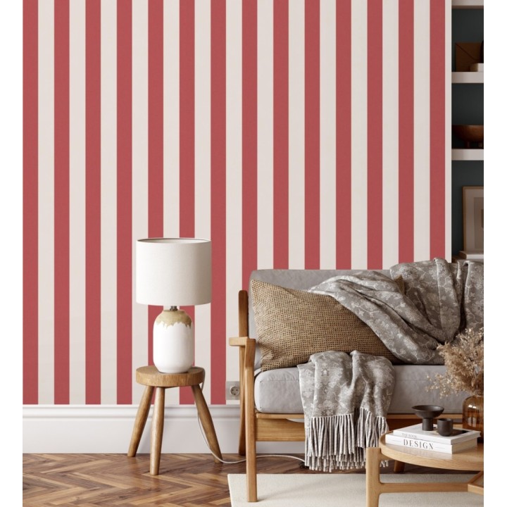 Papel pintado de rayas textura lienzo color rojo y beige - Raya Orellana 231921