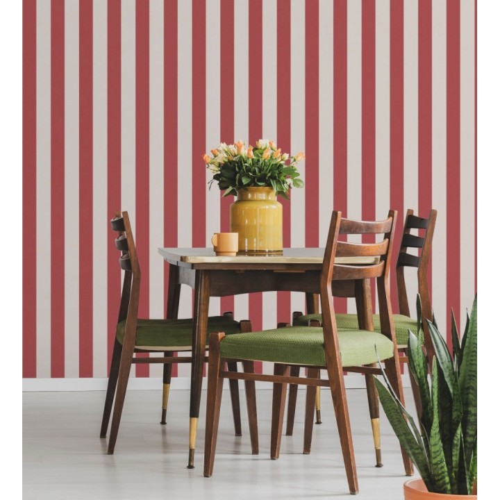 Papel pintado de rayas textura lienzo color rojo y beige - Raya Orellana 231921