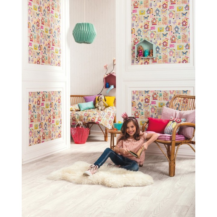 Papel pintado patchwork con casas de pájaros y mariposas - Romantic Birdcages 342128