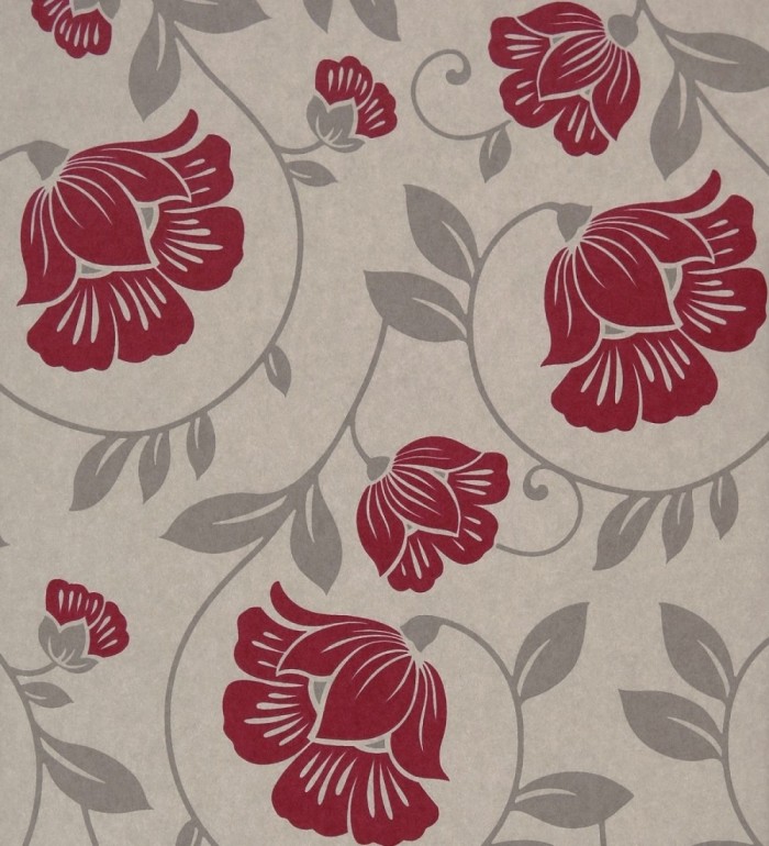 Papel pintado con flores modernas de dalia rojo frambuesa fondo beige - Janelle 421512