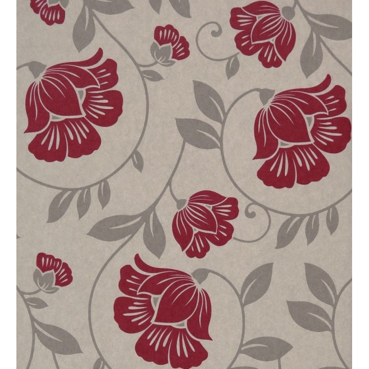 Papel pintado con flores modernas de dalia rojo frambuesa fondo beige - Janelle 421512