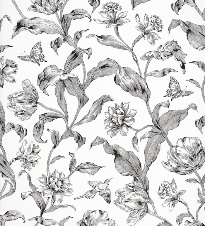 Papel pintado flores y mariposas trazadas a plumilla - Dalma 421520