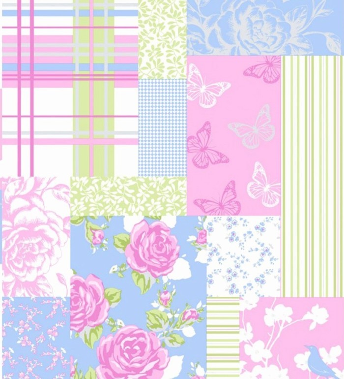 Papel pintado patchwork de flores y mariposas románticas - Blossom 421560