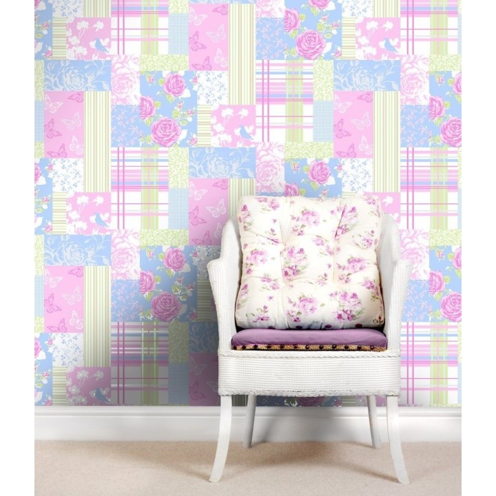 Papel pintado patchwork de flores y mariposas románticas - Blossom 421560