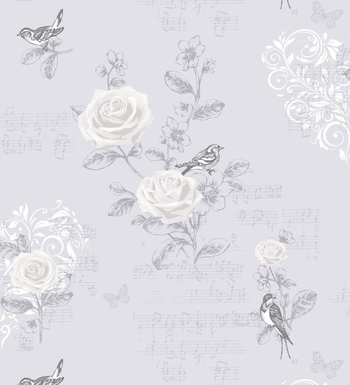 Papel pintado flores y pájaros con notas musicales - Sinfonía 421564