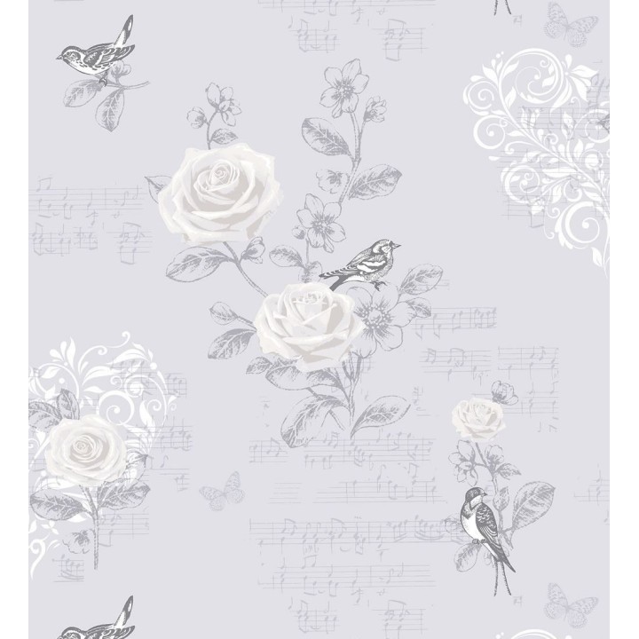 Papel pintado flores y pájaros con notas musicales - Sinfonía 421564
