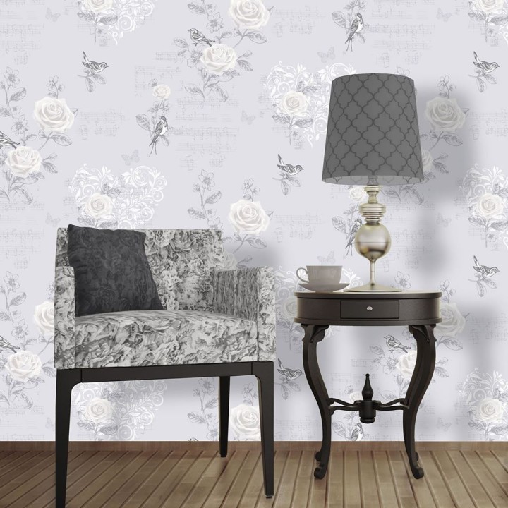 Papel pintado flores y pájaros con notas musicales - Sinfonía 421564