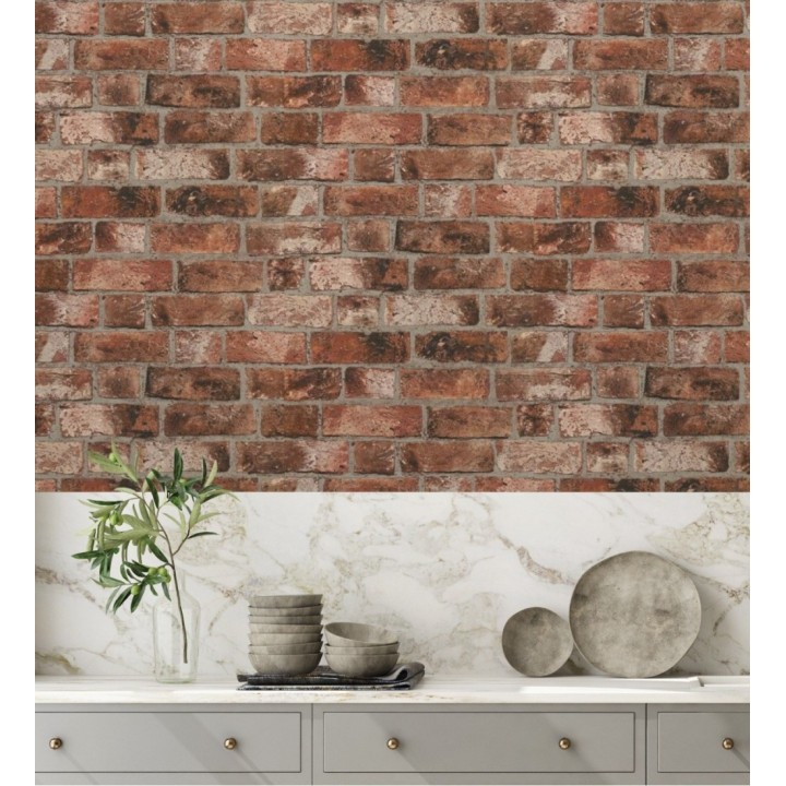 Papel pintado de ladrillo rústico estilo industrial rojo teja - Sunderland 421566