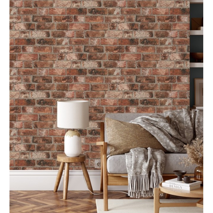 Papel pintado de ladrillo rústico estilo industrial rojo teja - Sunderland 421566