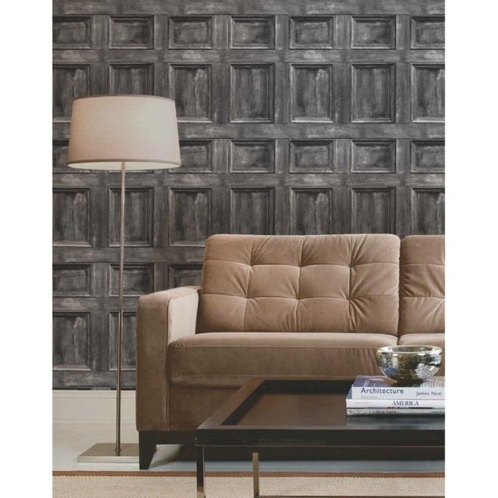 Papel pintado cuarterones de madera rústico negro gris oscuro - Galeone 421569