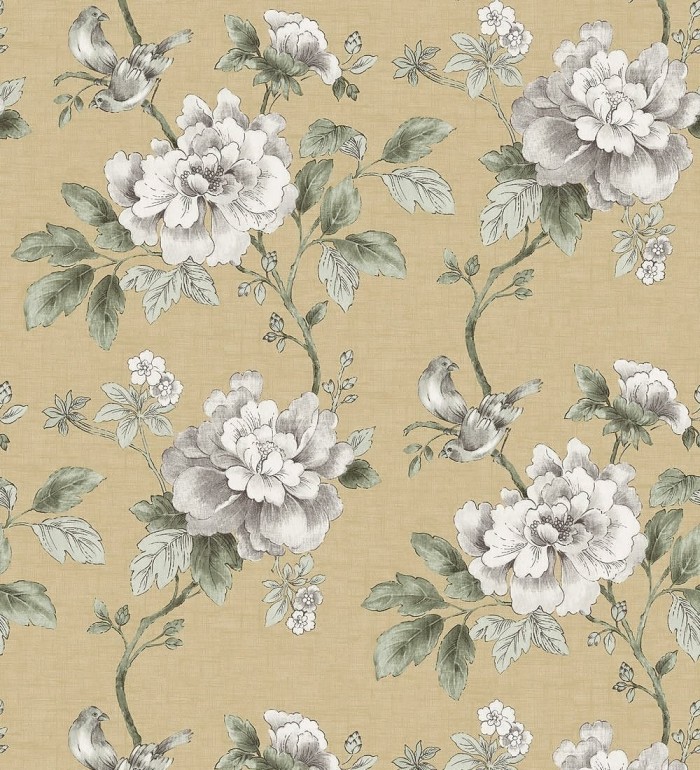 Papel pintado de pájaros y flores clásicas visón fondo amarillo ocre - Floralie 421590