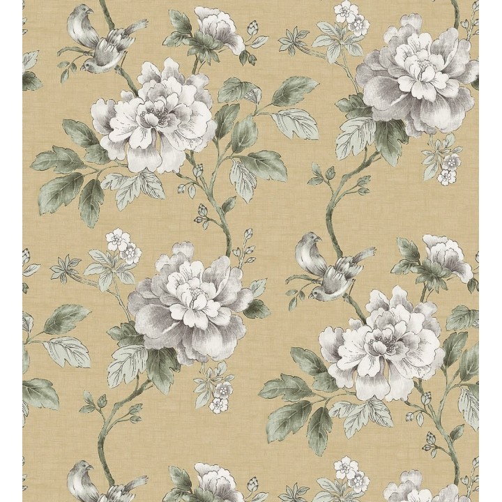 Papel pintado de pájaros y flores clásicas visón fondo amarillo ocre - Floralie 421590