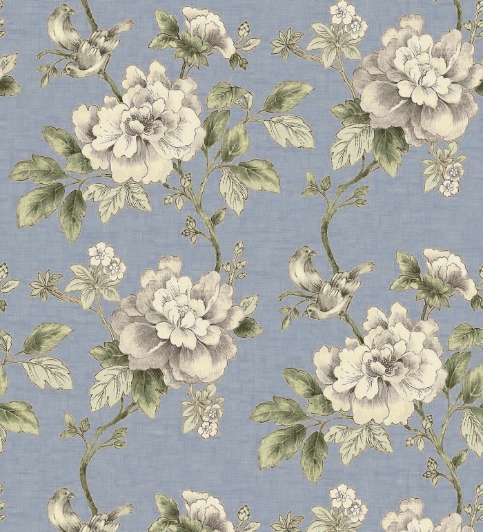 Papel pintado de pájaros y flores clásicas beige claro fondo azul lavanda pálido - Floralie 421591