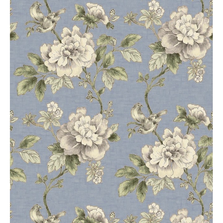 Papel pintado de pájaros y flores clásicas beige claro fondo azul lavanda pálido - Floralie 421591