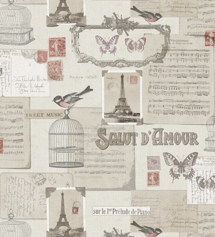 Papel pintado de pájaros y notas músicales en París - Salut Amour 421592