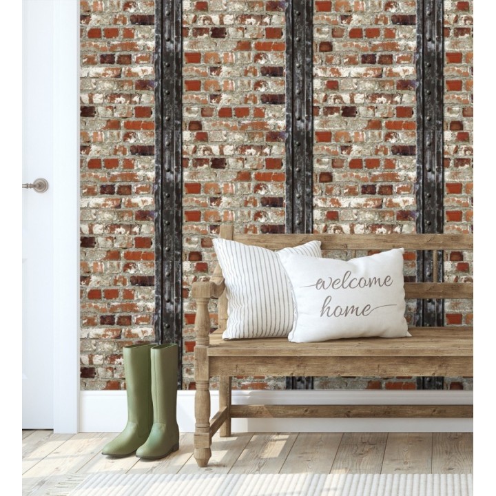 Papel pintado muro de ladrillos y viga estilo industrial rojo caldera - Riverton 2 421602