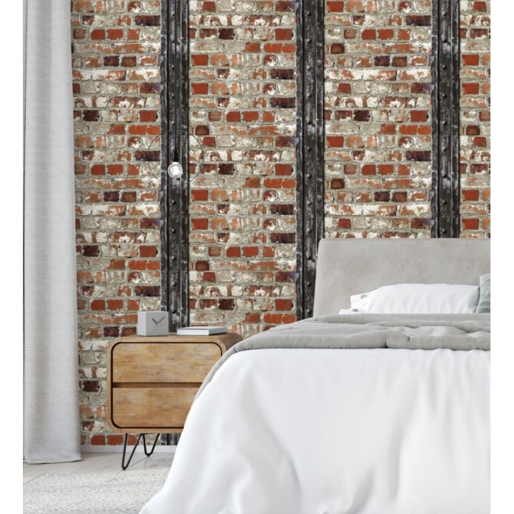Papel pintado muro de ladrillos y viga estilo industrial rojo caldera - Riverton 2 421602