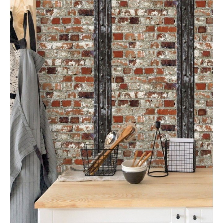 Papel pintado muro de ladrillos y viga estilo industrial rojo caldera - Riverton 2 421602