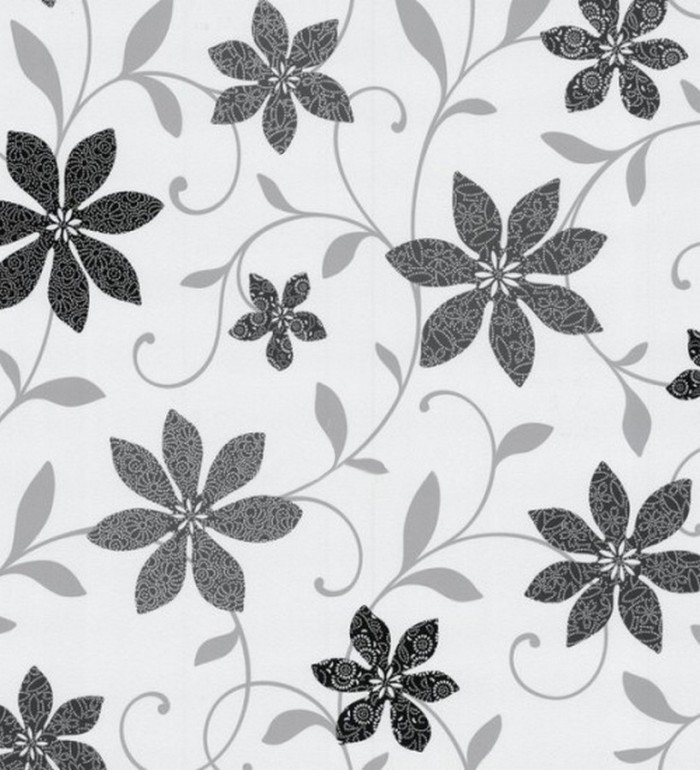 Papel pintado flores y hojas de tipo molinillo gris oscuro marengo fondo blanco perla - Fleur Mouliné 421609