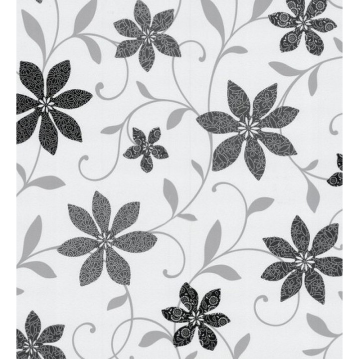 Papel pintado flores y hojas de tipo molinillo gris oscuro marengo fondo blanco perla - Fleur Mouliné 421609