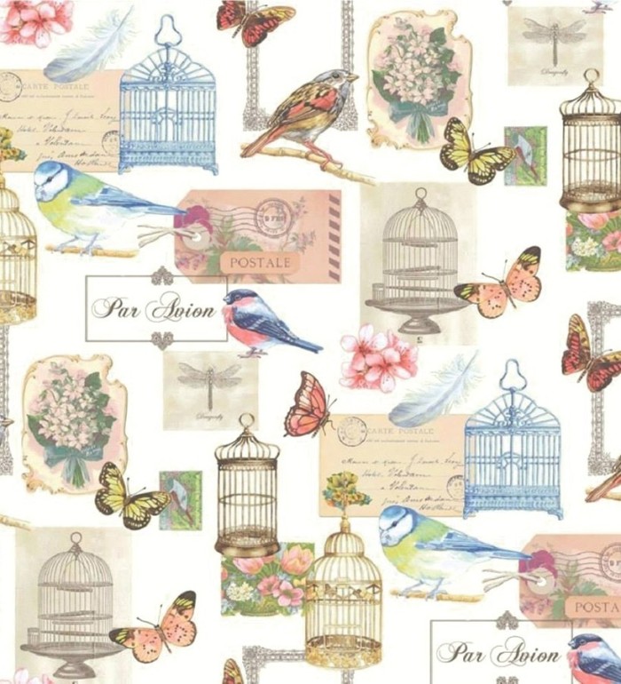 Papel pintado romántico de postales con jaulas y pájaros - Postcard Birds 421650