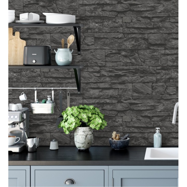 Papel pintado piedra pizarra negra superlavable vinílico - Israel 453145