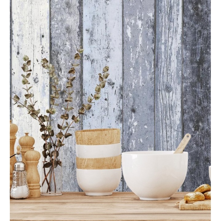 Papel pintado imitación madera decapada azul estilo nórdico - Madeira 3 453156