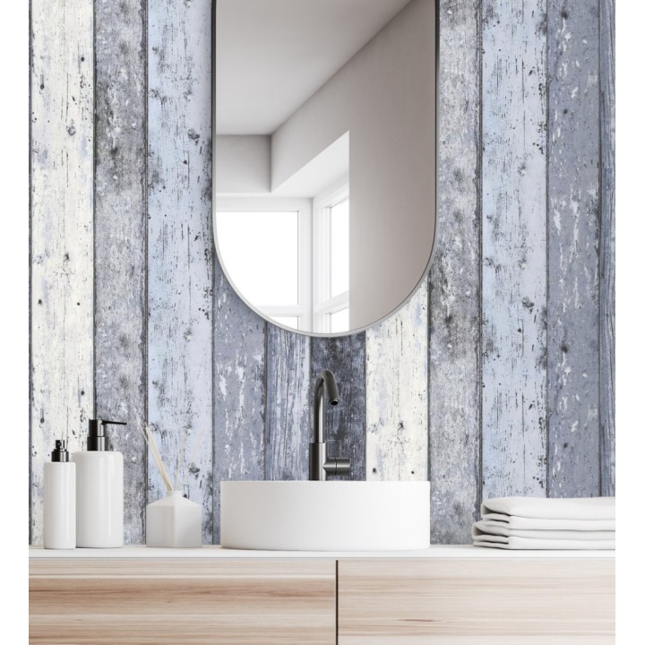 Papel pintado imitación madera decapada azul estilo nórdico - Madeira 3 453156