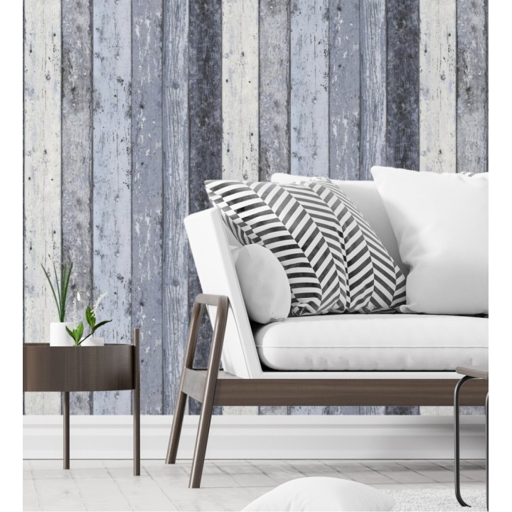 Papel pintado imitación madera decapada azul estilo nórdico - Madeira 3 453156