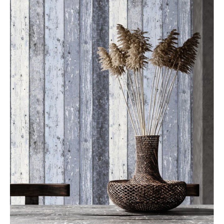 Papel pintado imitación madera decapada azul estilo nórdico - Madeira 3 453156