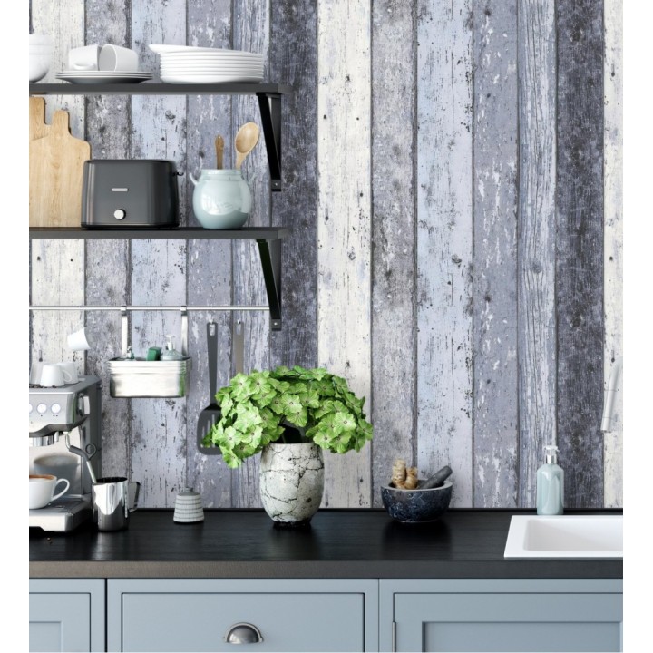Papel pintado imitación madera decapada azul estilo nórdico - Madeira 3 453156