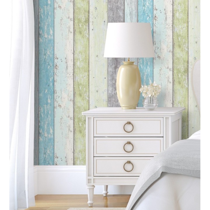 Papel pintado imitación madera decapada turquesa estilo tropical - Madeira 3 453157