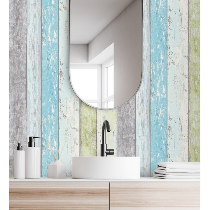 Papel pintado imitación madera decapada turquesa estilo tropical - Madeira 3 453157