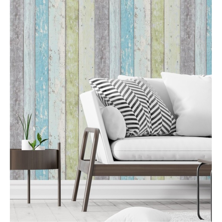 Papel pintado imitación madera decapada turquesa estilo tropical - Madeira 3 453157