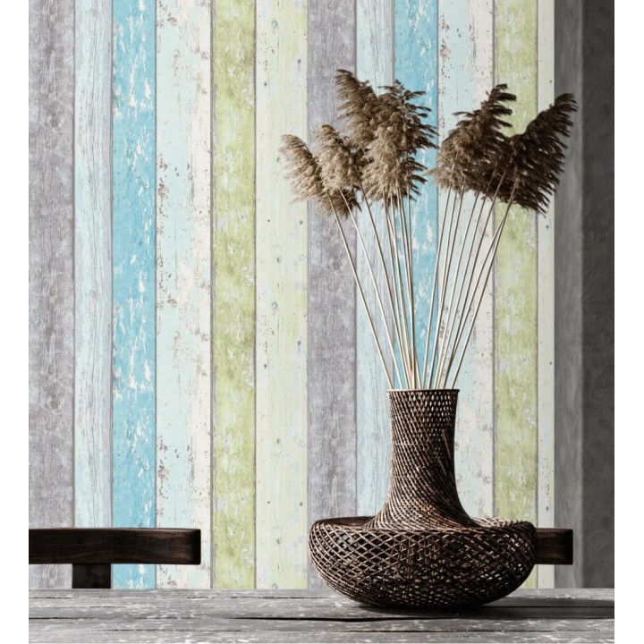 Papel pintado imitación madera decapada turquesa estilo tropical - Madeira 3 453157