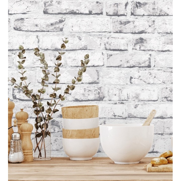 Papel pintado imitación ladrillo blanco vinílico con textura - Nevada 453171