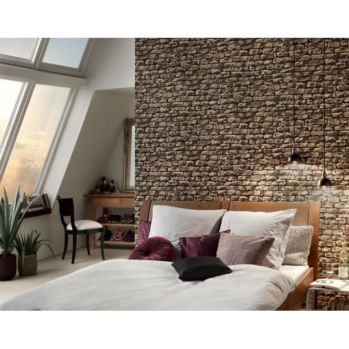 Papel pintado muro de piedra estilo rústico color marrón - Marius 453172