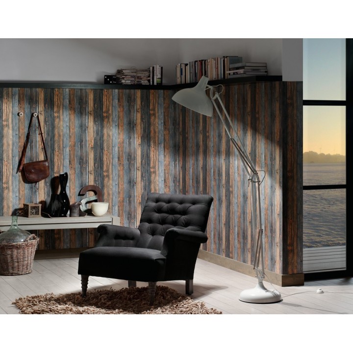 Papel pintado madera natural y azul pálido estilo rústico - Duala 453174