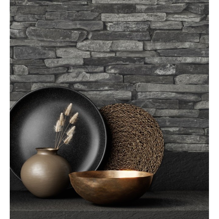 Papel pintado piedra pizarra negra superlavable vinílico - Grelon 453180