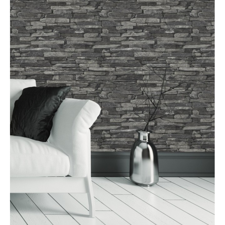 Papel pintado piedra pizarra negra superlavable vinílico - Grelon 453180