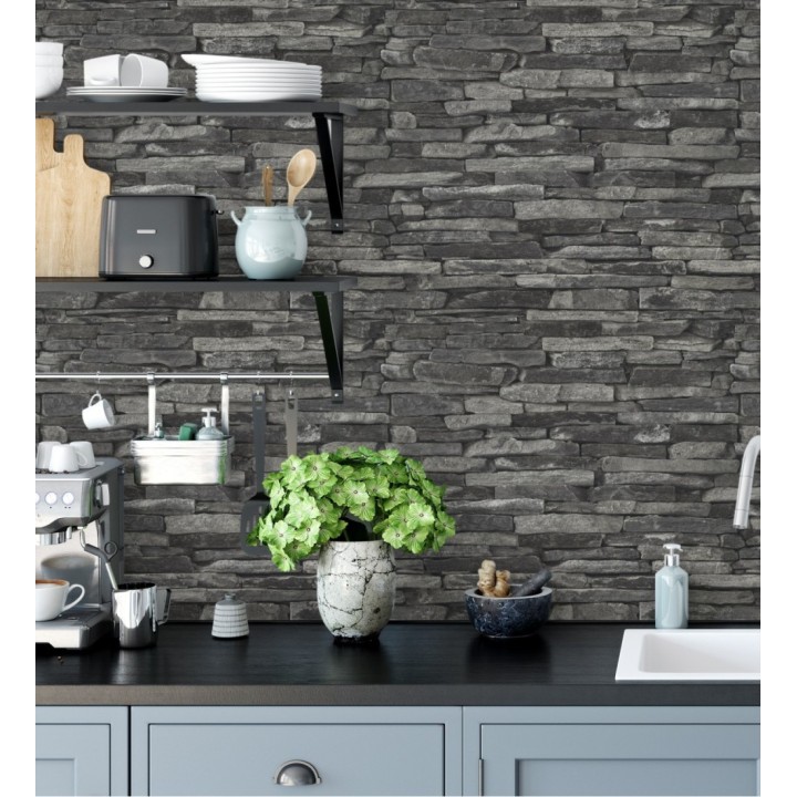 Papel pintado piedra pizarra negra superlavable vinílico - Grelon 453180