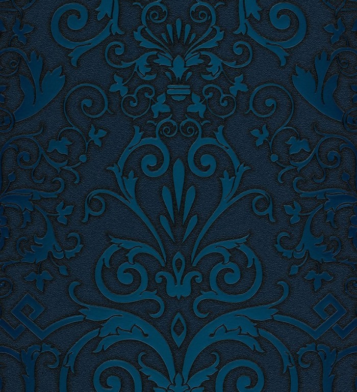 Papel pintado damasco barroco azul cobalto fondo oscuro - Saltanis 453400