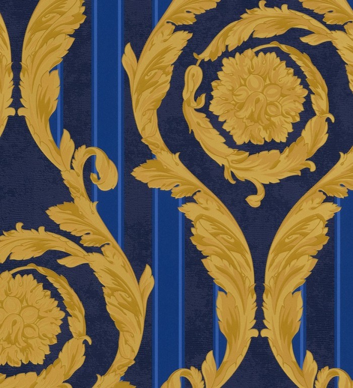 Papel pintado barroco corintio dorado con rayas azul - Royal Palace 453416