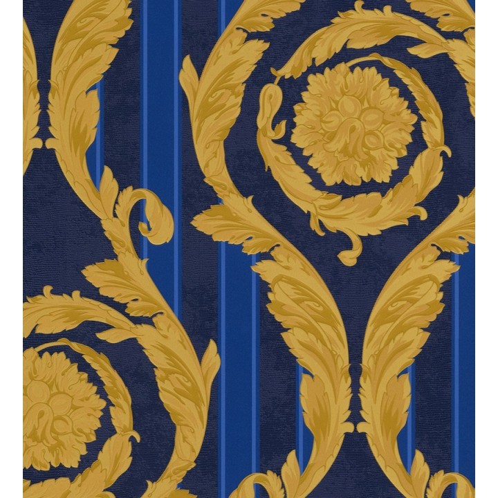 Papel pintado barroco corintio dorado con rayas azul - Royal Palace 453416