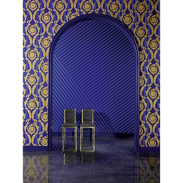 Papel pintado barroco corintio dorado con rayas azul - Royal Palace 453416