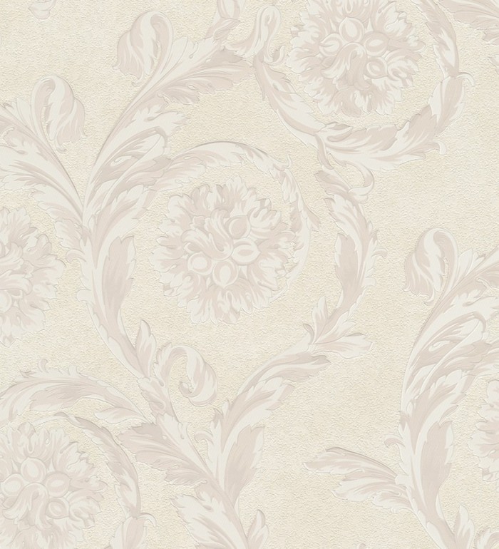 Papel pintado flores-volutas barroco blanco metalizado - Fancelli 453440